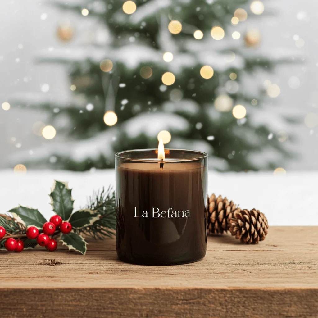 La Befana - Vela para Navidad sobre base de madera, en paisaje nevado