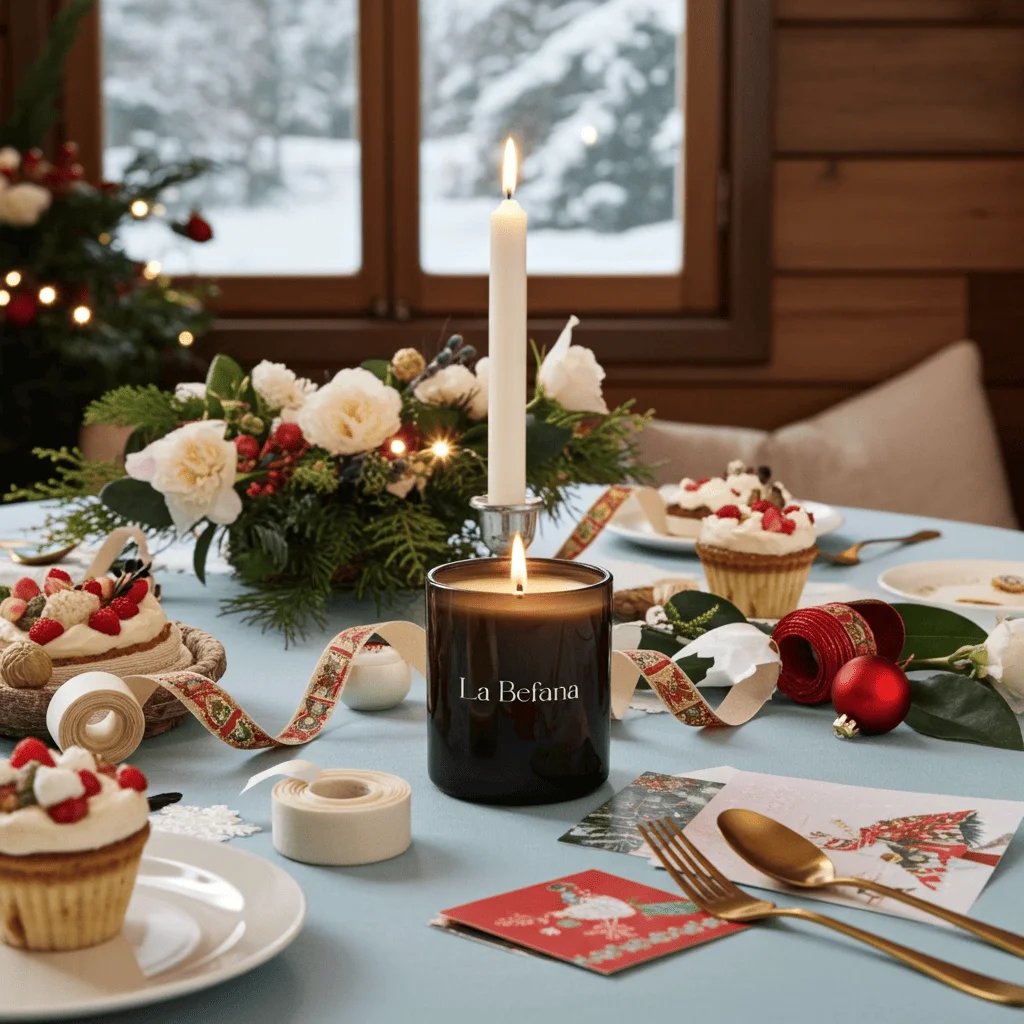 La Befana - vela decorando la mesa de Navidad
