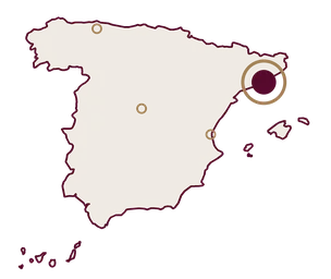 Mapa de España que destaca Barcelona, donde se imprimen las cajas, entre los cuatro lugares del proceso artesanal