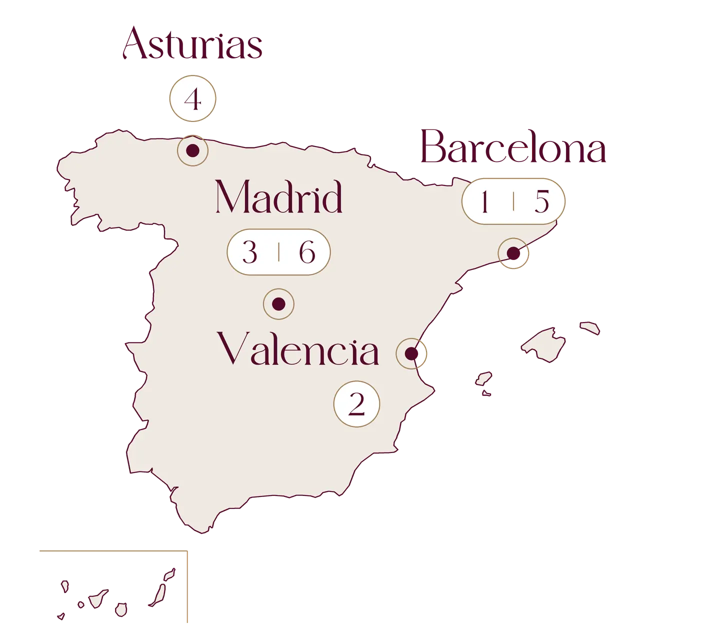 Mapa de España con Asturias, Barcelona, Madrid y Valencia y el número de cada paso del proceso artesanal de Volonté Bougie