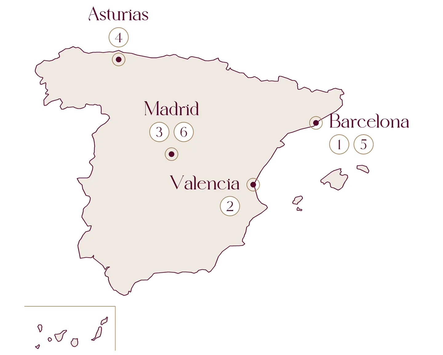 Mapa de España con los cuatro lugares del proceso artesanal de Volonté Bougie: Asturias, Barcelona, Madrid y Valencia
